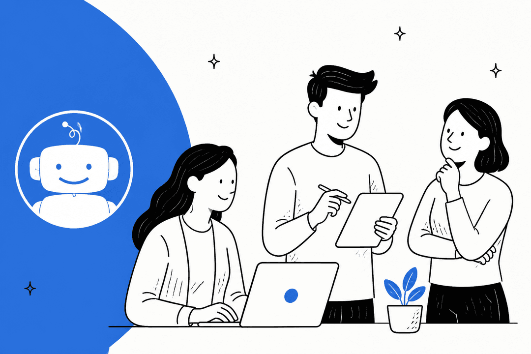 Quriobot pricing hero banner, a hand-drawn team of three planning around a laptop and a tablet next to a smiling chatbot badge on a blue background