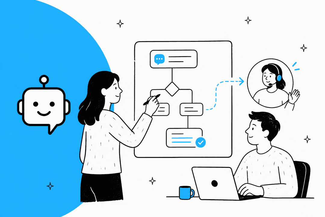 Quriobot review hero banner, a hand-drawn person sketching a branching chatbot flow on a whiteboard while a support agent waits to take over the chat, on a sky blue background
