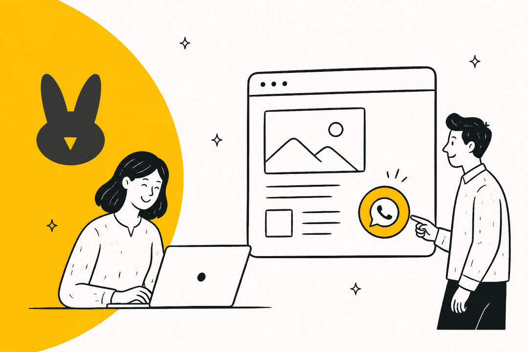 Hand-drawn illustration of a person at a laptop and another person tapping a yellow WhatsApp button on a website, with the Rabbit SEO logo on a yellow circle