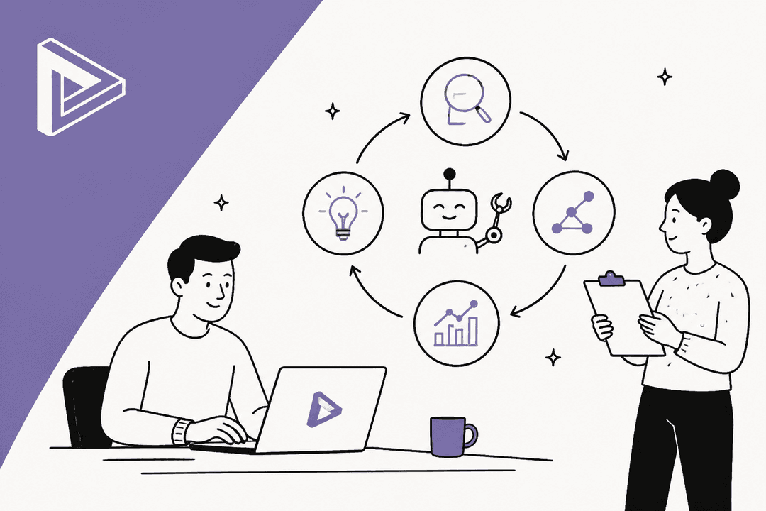 Hand-drawn illustration of a developer at a laptop and a researcher with a clipboard, with a small robot inside a loop of idea, search, graph and results icons, next to the Recursive logo