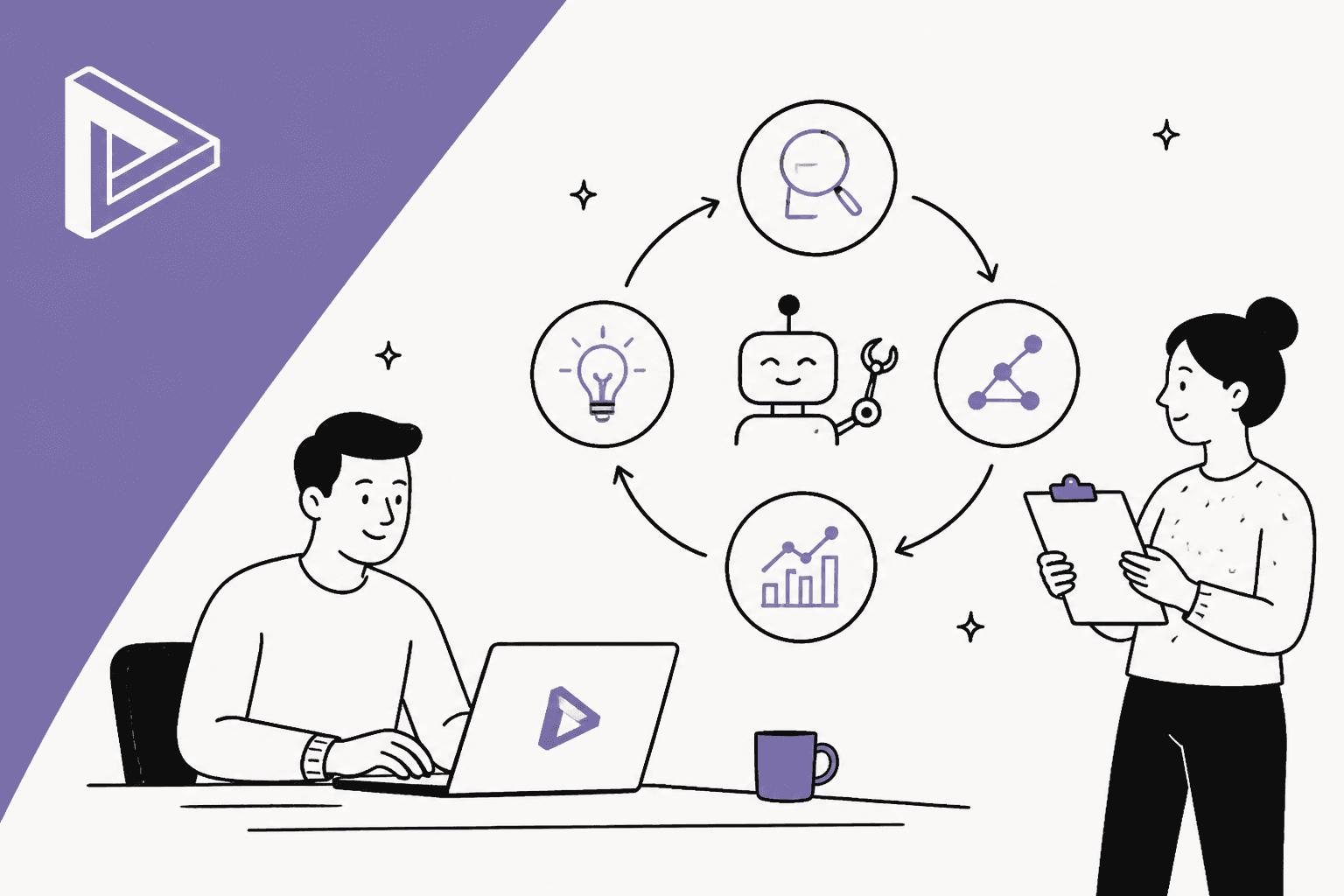 Hand-drawn illustration of a developer at a laptop and a researcher with a clipboard, with a small robot inside a loop of idea, search, graph and results icons, next to the Recursive logo