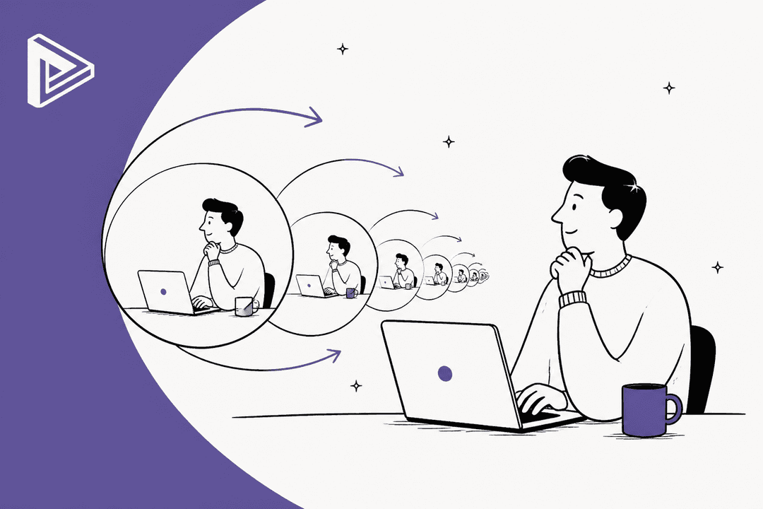 Hand-drawn illustration of a developer at a laptop with a chain of smaller copies of the same scene, next to the Recursive logo