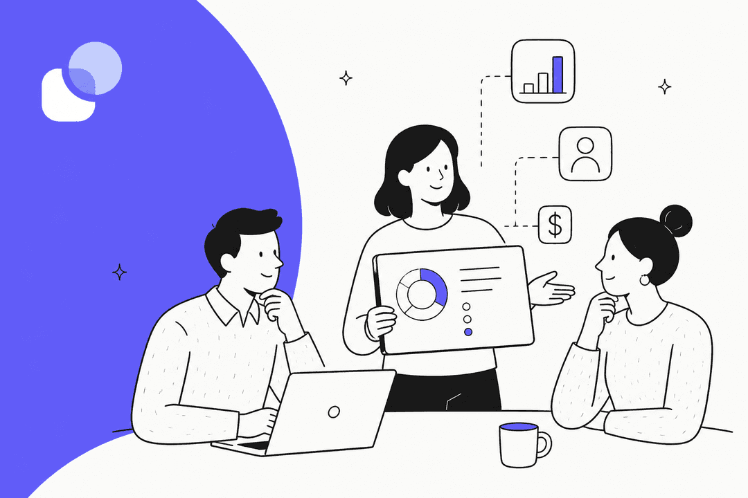 Illustration of three people reviewing a pricing dashboard beside the Relevance AI logo