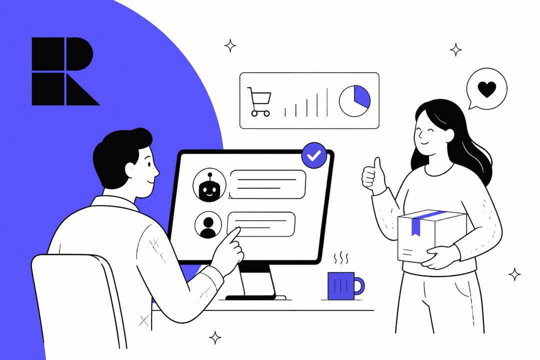 Rep AI review hero banner, a hand-drawn merchant at a monitor chatting with an AI assistant while a happy shopper holds a parcel, with the Rep AI mark on a violet shape