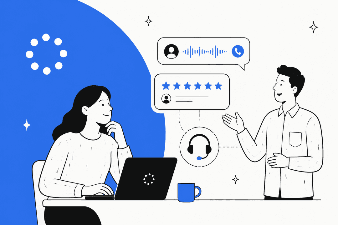 Illustration of two colleagues reviewing a five-star rating card and a voice call waveform