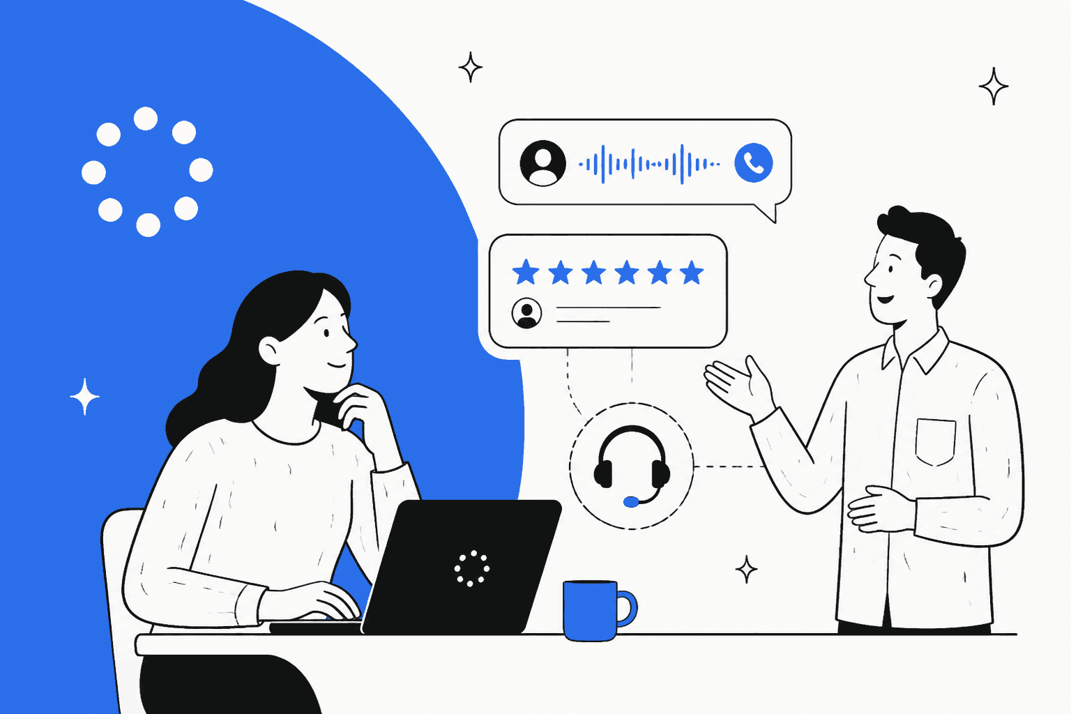 Illustration of two colleagues reviewing a five-star rating card and a voice call waveform