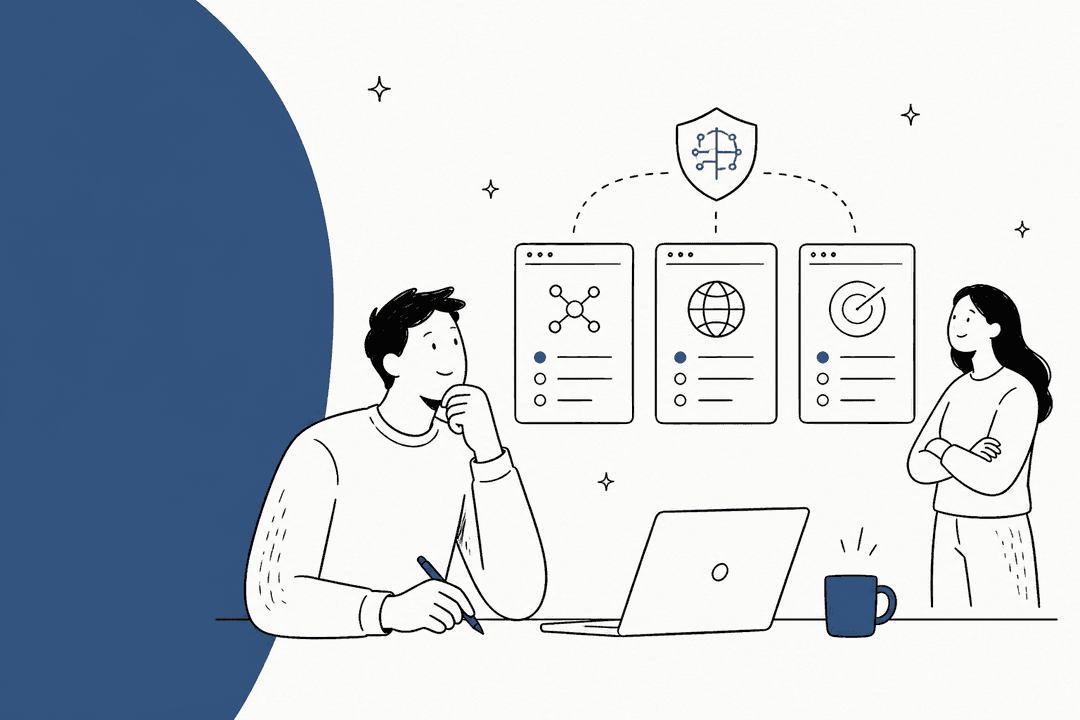 Hand-drawn illustration of a security engineer comparing AI security platforms