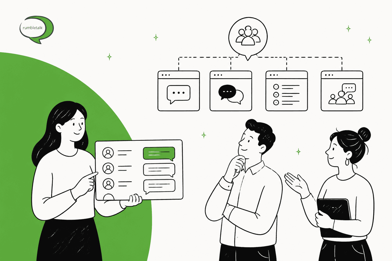RumbleTalk alternatives hero banner in RumbleTalk green, a person presenting a group chat panel to two colleagues under a row of four different chat room windows