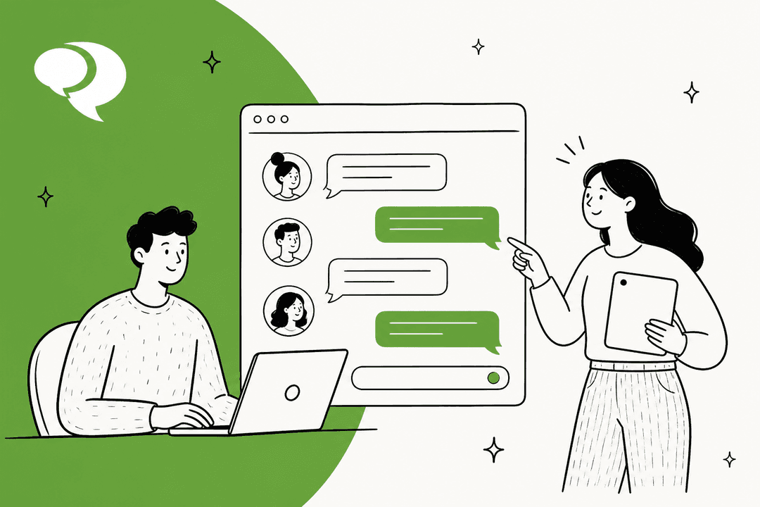 Banner de portada de los precios de RumbleTalk: un hombre dibujado a mano frente a un portátil y una mujer con una tableta señalando una ventana de chat grupal, con el logotipo de bocadillo de RumbleTalk sobre una forma verde