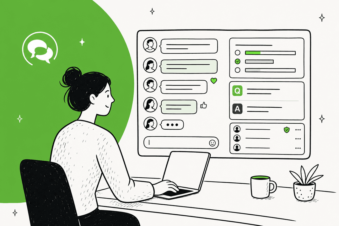 Banner de portada de la reseña de RumbleTalk en verde RumbleTalk: una persona ante un portátil modera una sala de chat grupal en vivo, con una encuesta y un panel de preguntas y respuestas en una pantalla grande