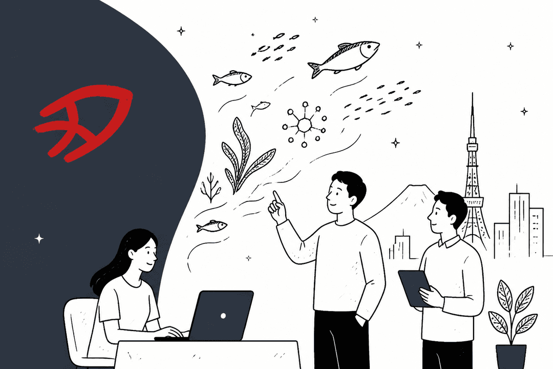 Hand-drawn illustration of a researcher at a laptop and two colleagues pointing at fish and the Tokyo skyline, with the Sakana AI logo