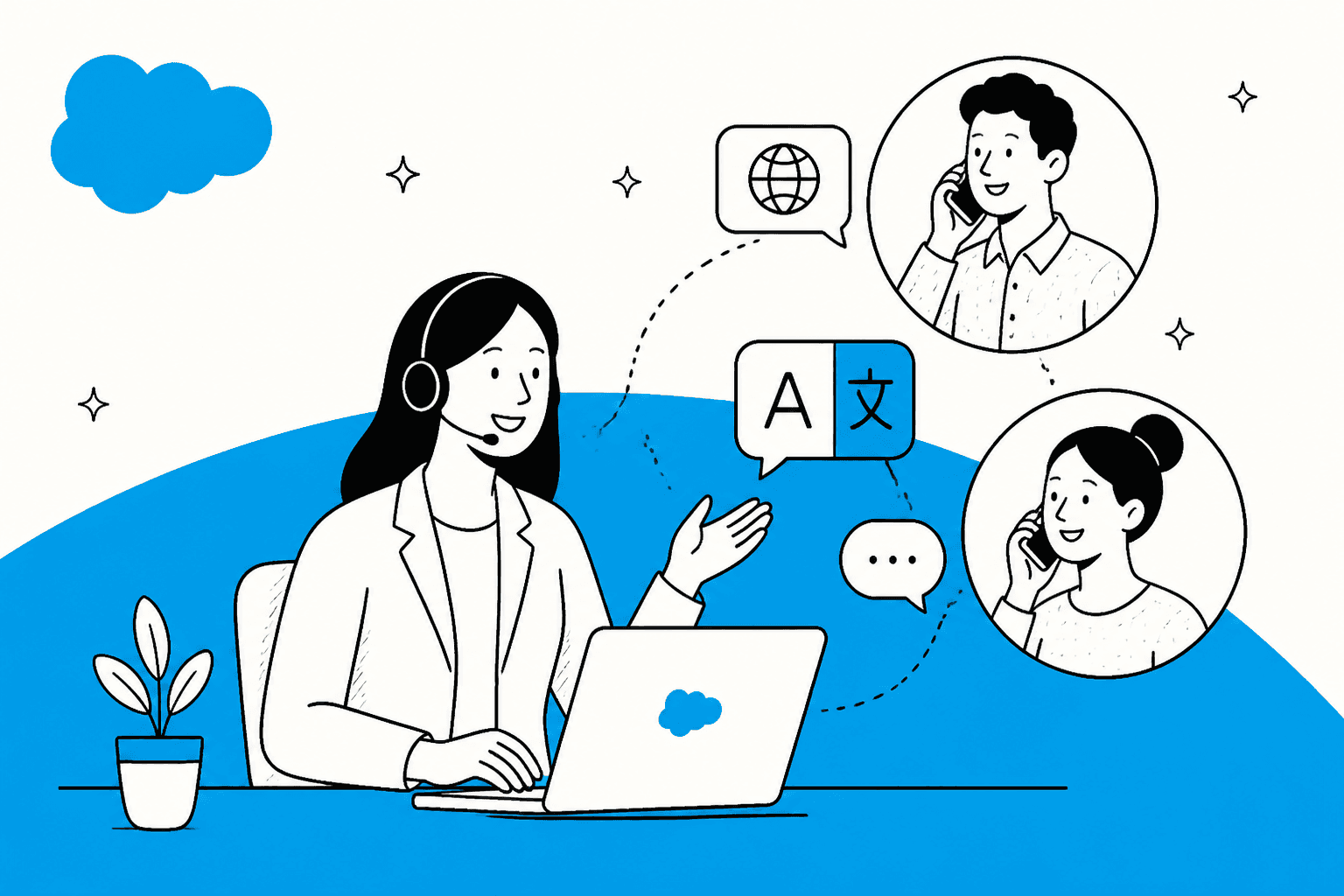 Hand-drawn illustration of a support agent with a headset at a laptop next to the Salesforce cloud logo, with a translate bubble passing between her and two customers on phones