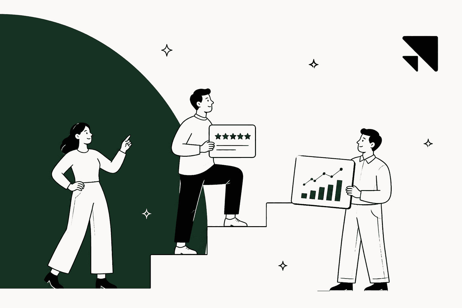 Hand-drawn illustration of people climbing steps with a star rating and a growth chart beside a green curved shape, for Scale AI reviews