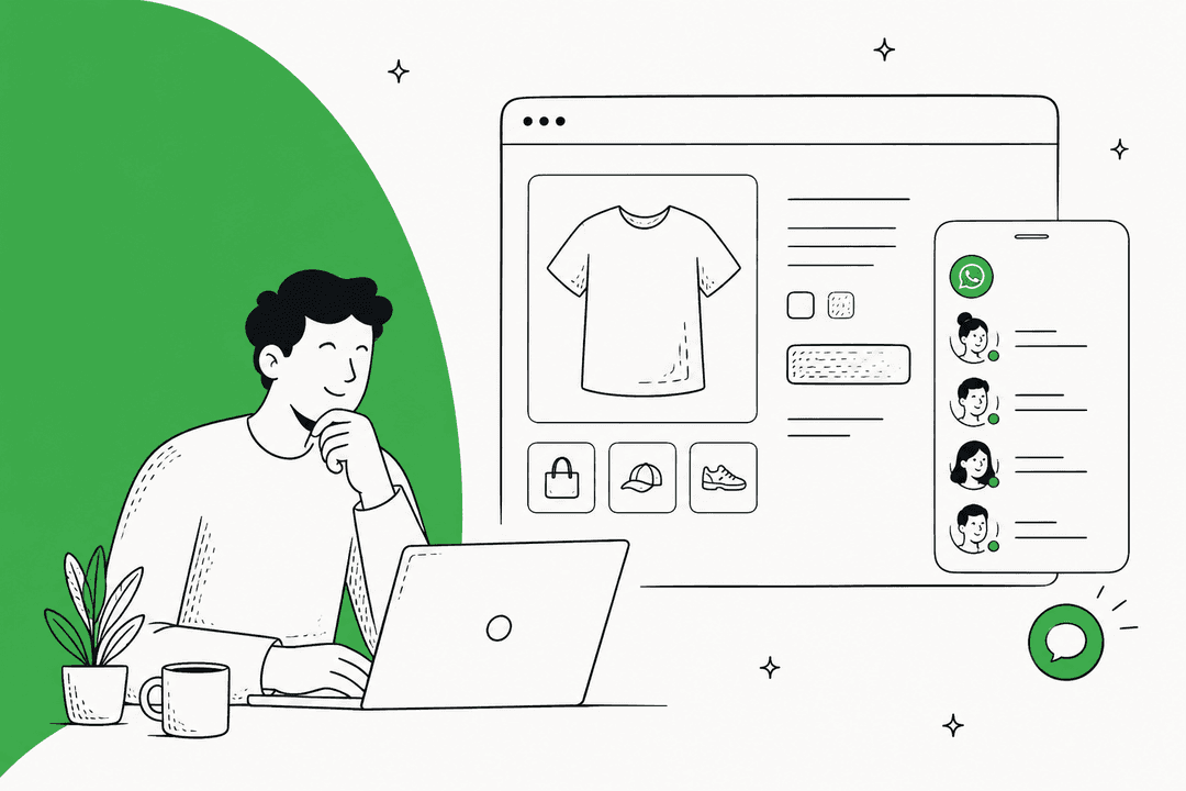 Hand-drawn illustration of a person at a laptop next to a product page with a T-shirt, a phone panel listing four support agents with green online dots, and a floating green chat button
