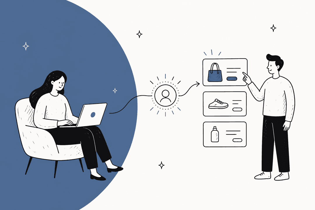 Hand-drawn shopper on a laptop whose browsing session feeds product recommendations