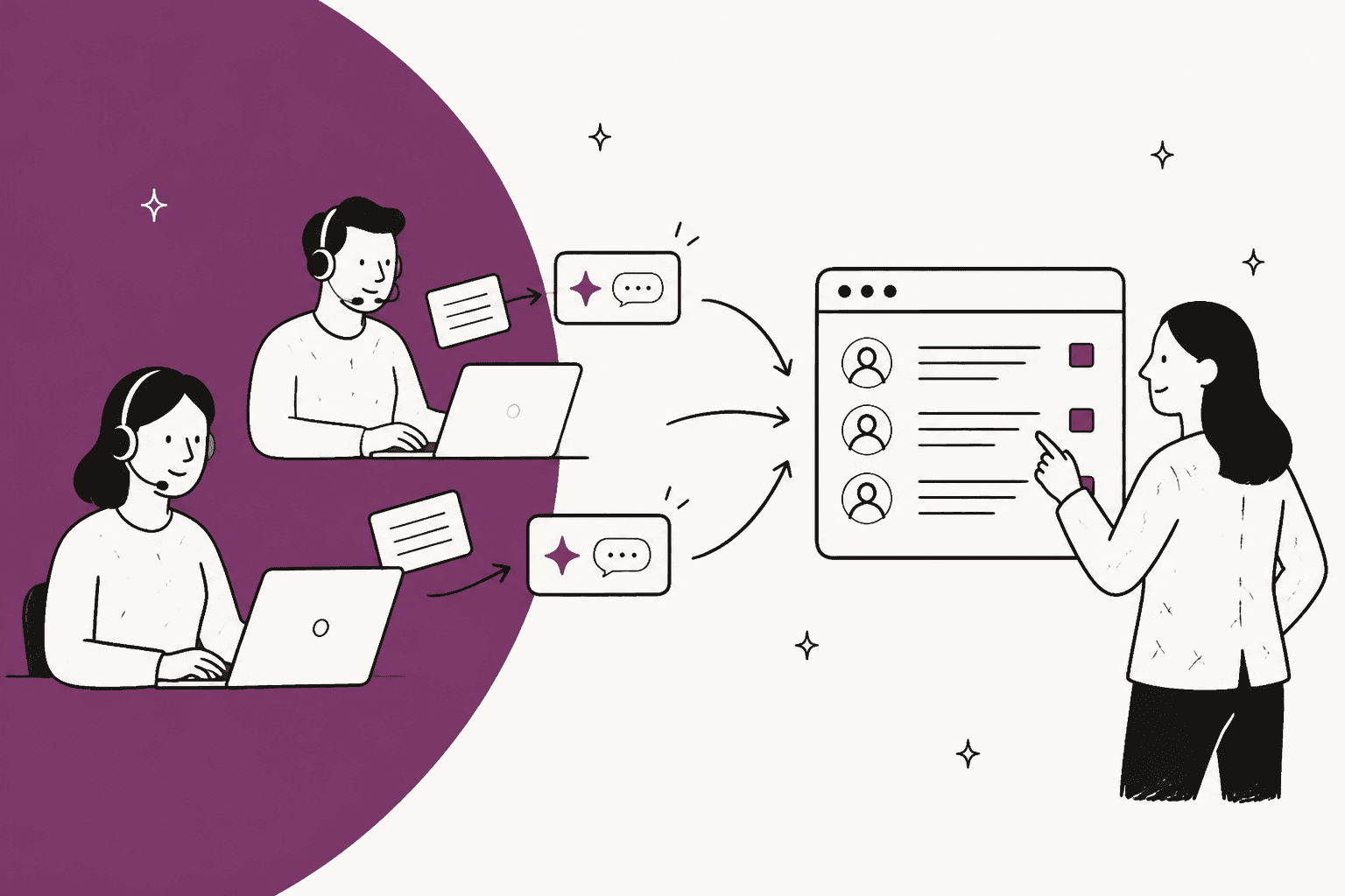 Hand-drawn illustration of two support agents sending drafts to a shared helpdesk queue that a team lead reviews, on a deep plum background