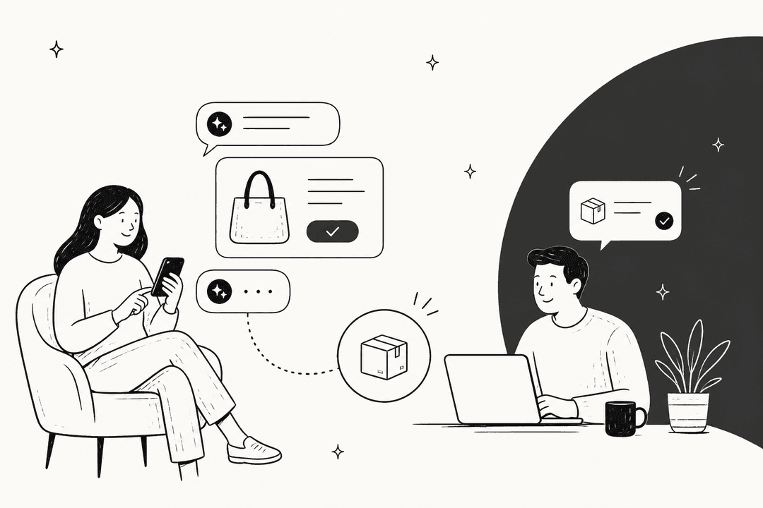 Hand-drawn shopper buying a bag through an AI chat while a merchant at a laptop sees the order arrive, beside a dark curved block