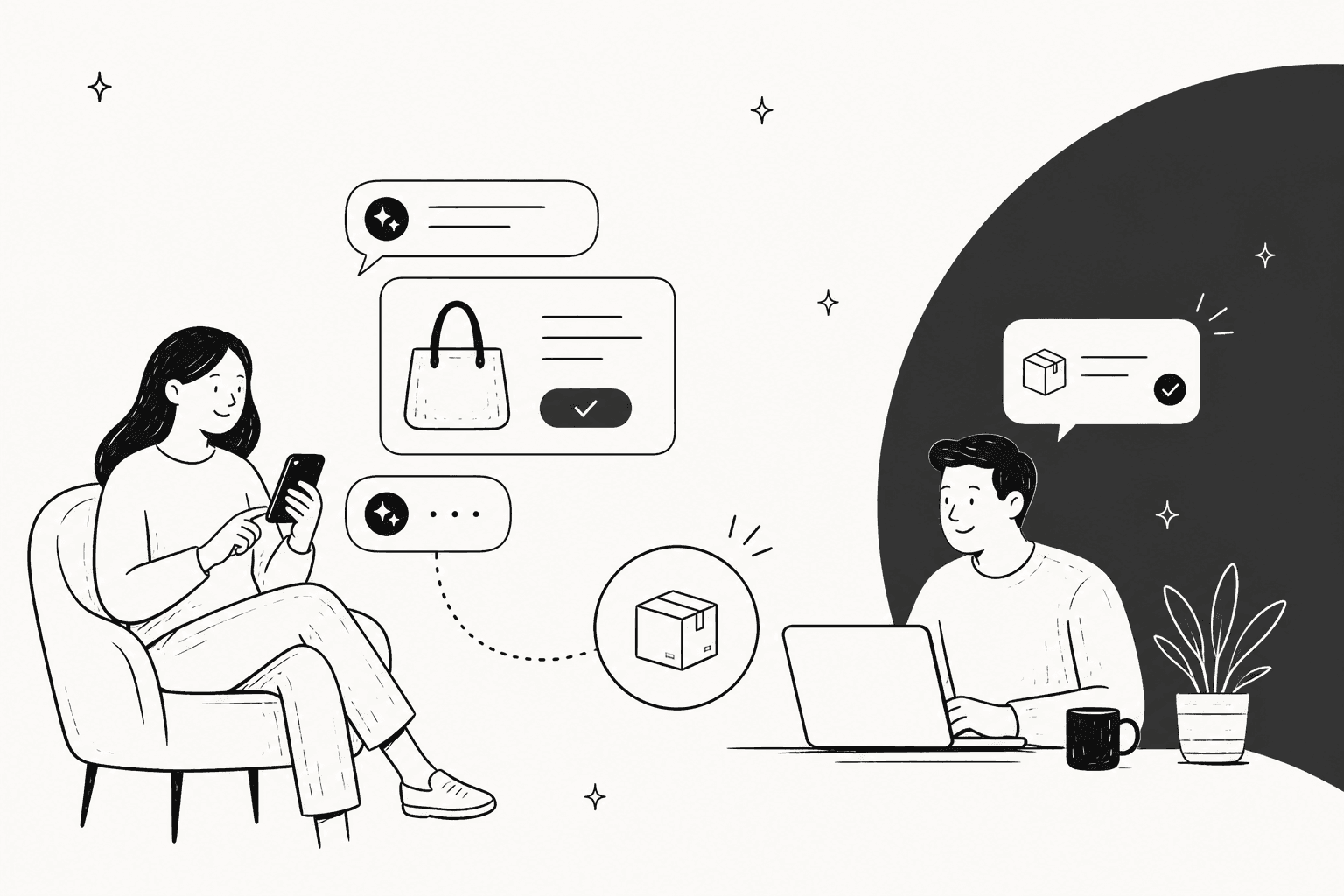 Hand-drawn shopper buying a bag through an AI chat while a merchant at a laptop sees the order arrive, beside a dark curved block