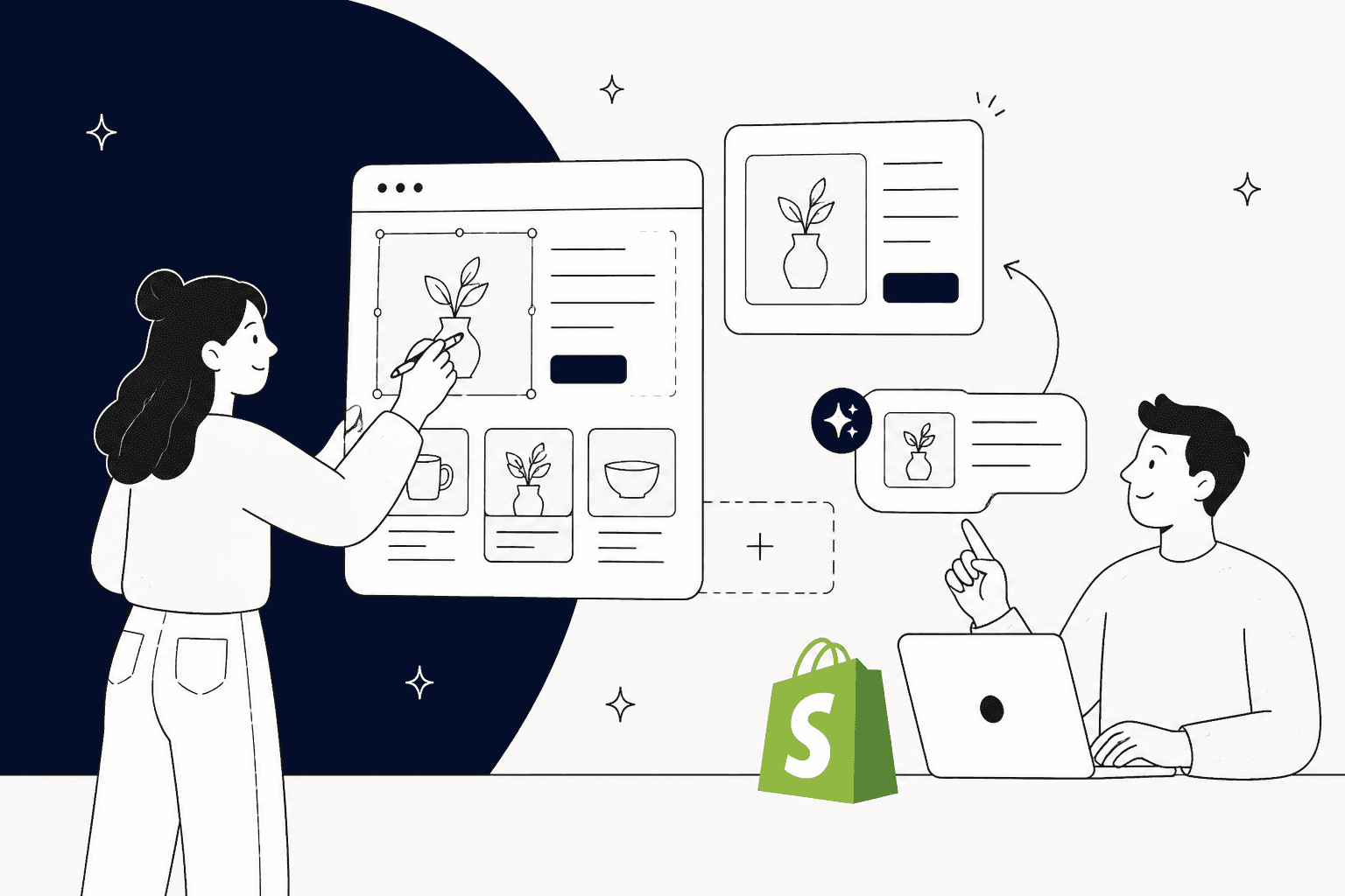 Hand-drawn banner of a merchant editing store pages on a large canvas while a teammate chats with an AI assistant, with the Shopify bag logo on the desk