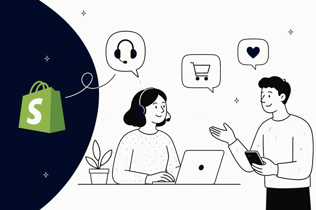 Hand-drawn illustration of a support agent and a shopper chatting about a Shopify store