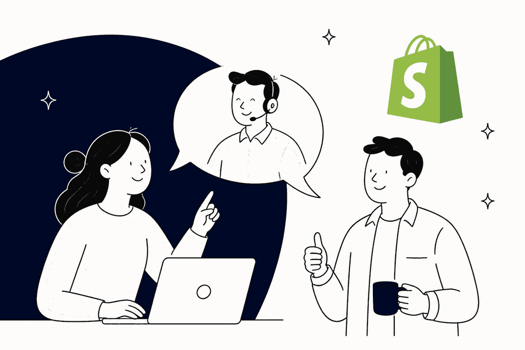 Hand-drawn illustration of a Shopify merchant getting help from a support agent