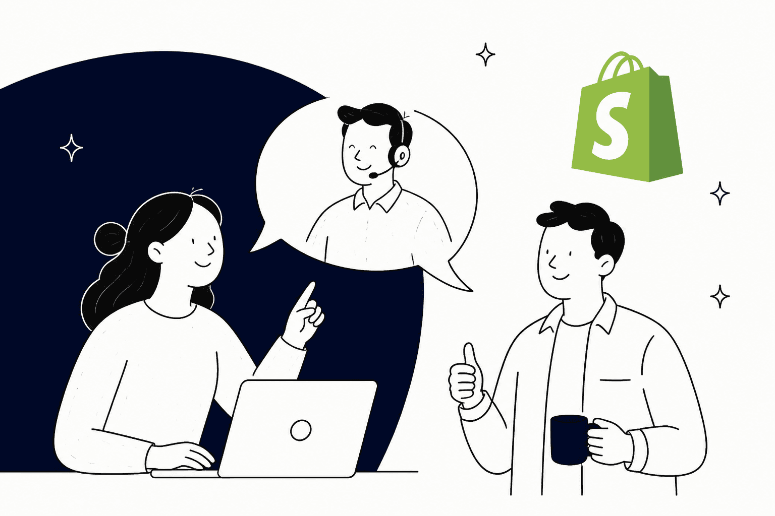 Hand-drawn illustration of a Shopify merchant getting help from a support agent