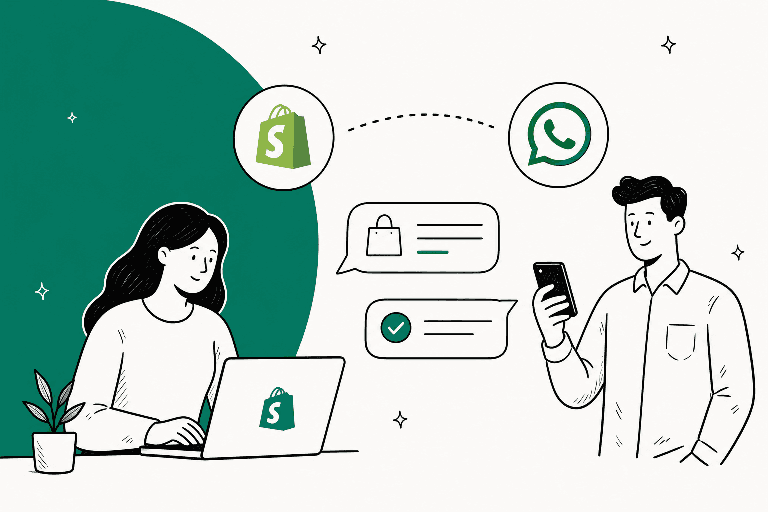 Hand-drawn illustration of a Shopify merchant at a laptop exchanging order messages with a shopper on WhatsApp