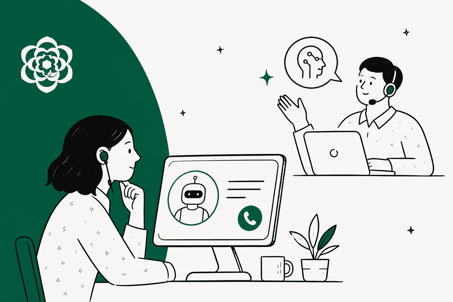 Hand-drawn illustration of a support agent at a desk taking a call from a robot caller while a colleague talks to an AI assistant, with the Sierra logo on a green background