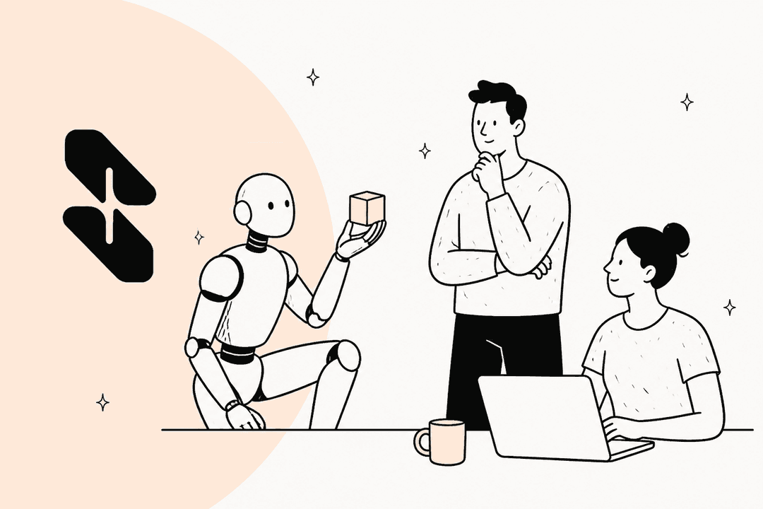 Hand-drawn illustration of a humanoid robot holding a cube beside two people at a laptop, on a soft peach backdrop with the Skild AI logo