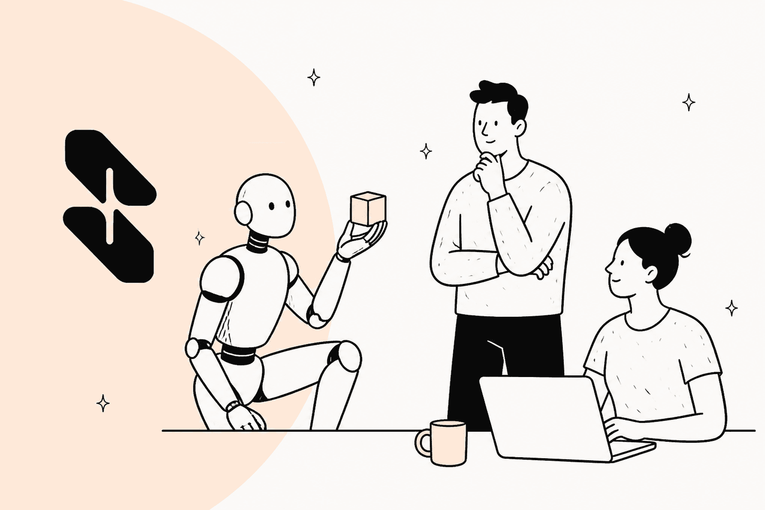 Hand-drawn illustration of a humanoid robot holding a cube beside two people at a laptop, on a soft peach backdrop with the Skild AI logo