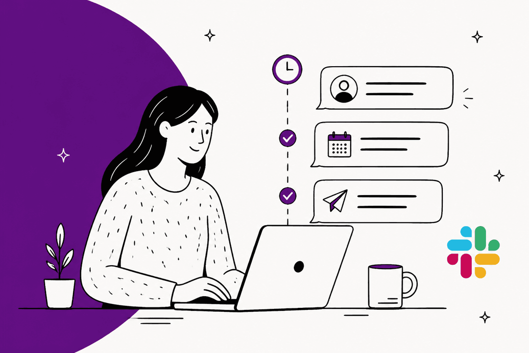 Hand-drawn illustration of a person at a laptop beside scheduled message bubbles and the Slack logo, with a purple color block