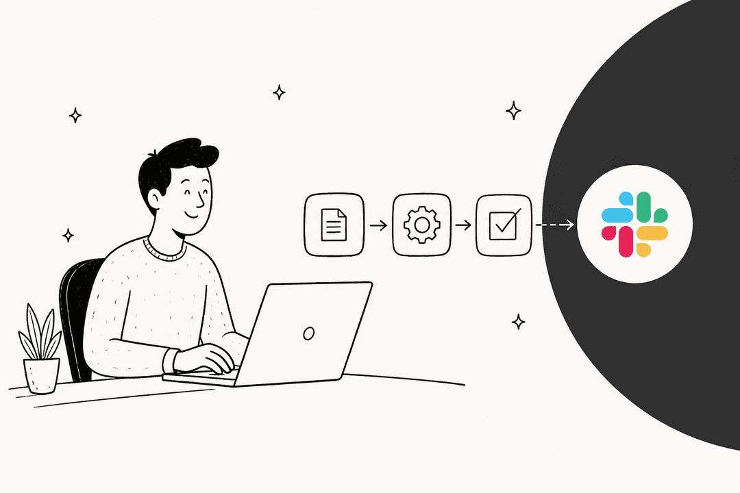 Hand-drawn person at a laptop building an automation flow that ends in the Slack logo