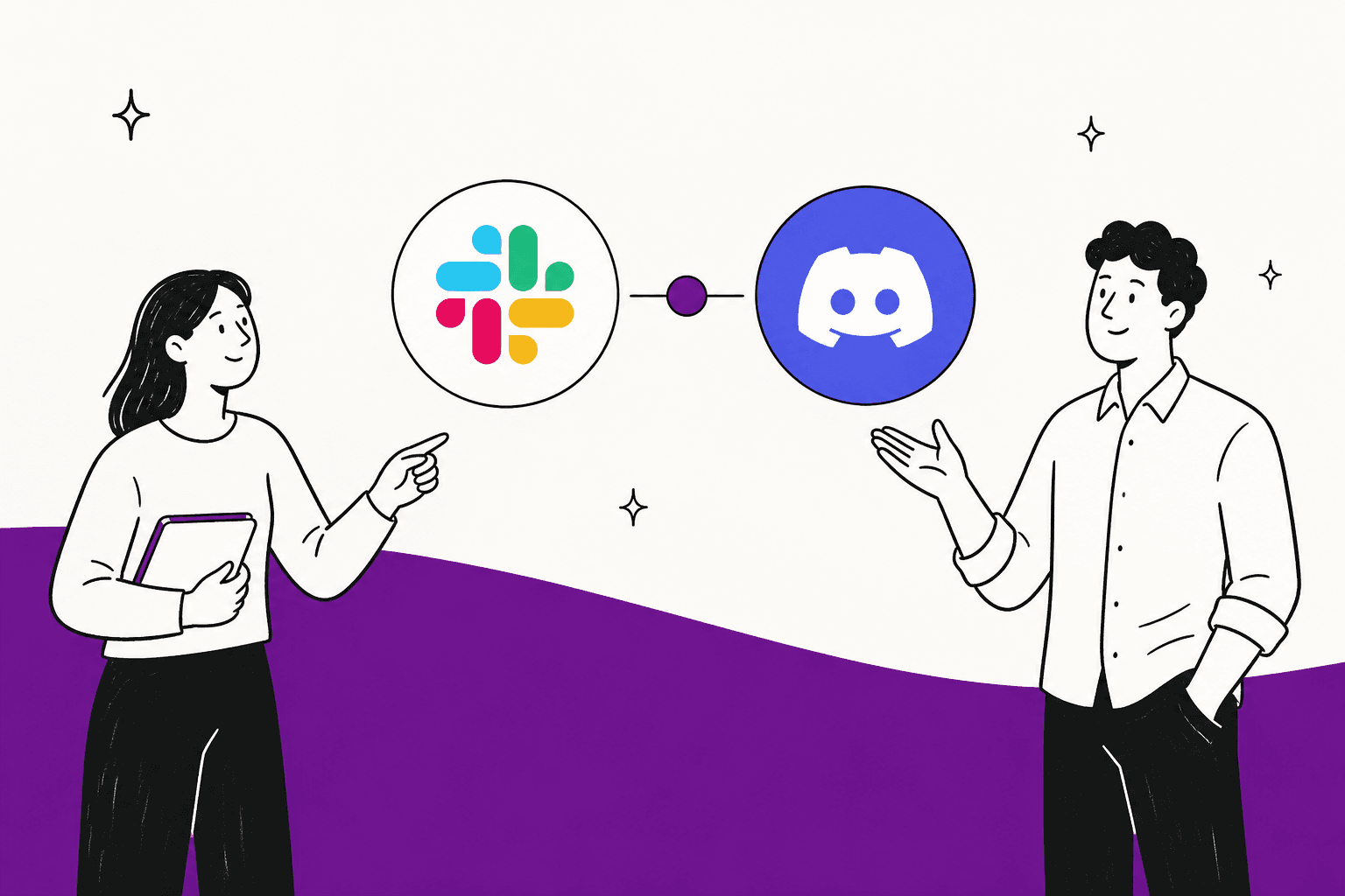 Hand-drawn illustration of two colleagues weighing the Slack and Discord logos for business team chat