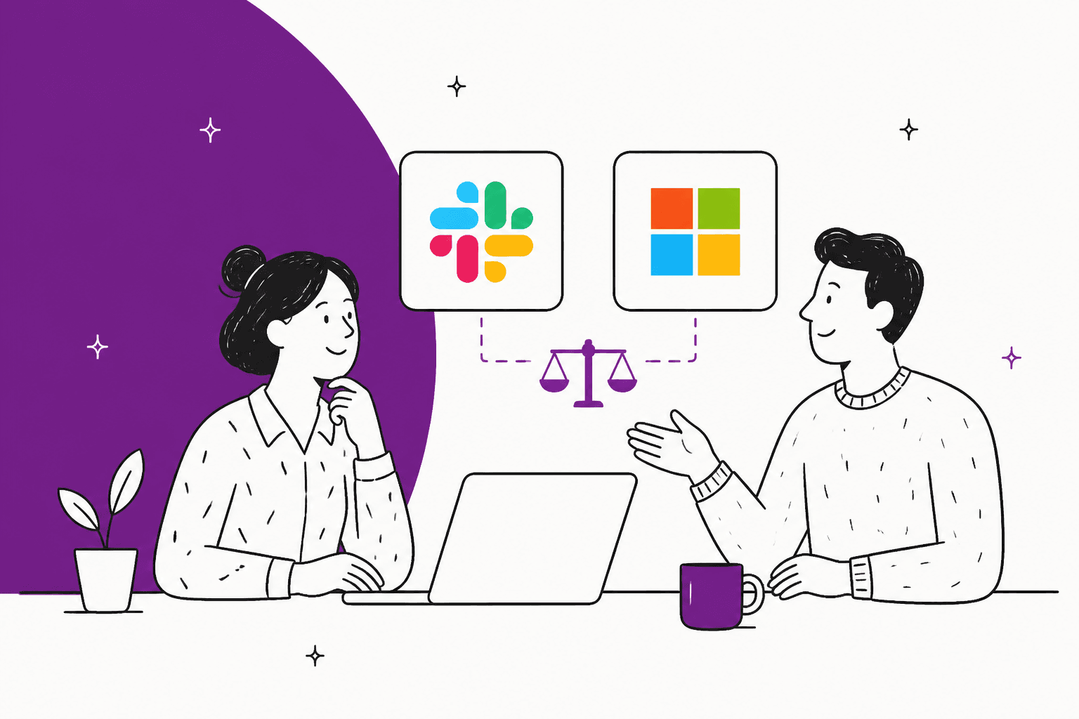 Hand-drawn illustration of two colleagues weighing the Slack and Microsoft logos on a balance scale