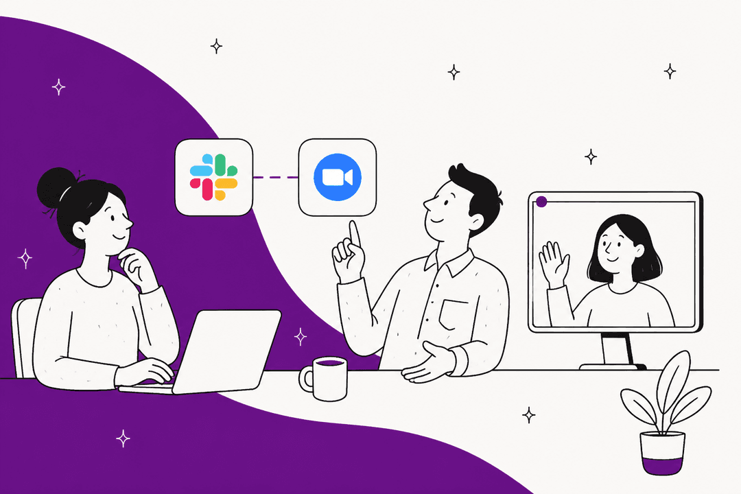Hand-drawn illustration of two colleagues choosing between the Slack and Zoom logos, with a third on a video call