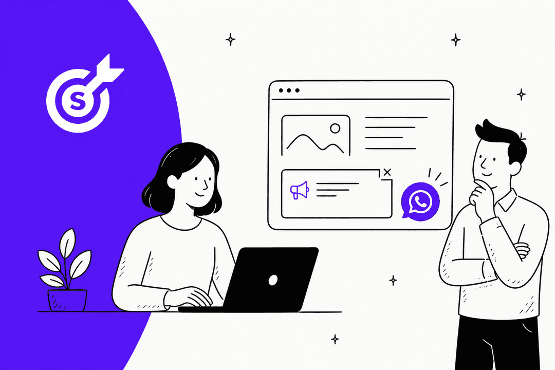 Hand-drawn illustration of a website with a purple WhatsApp chat button, a person at a laptop and the Smartarget target logo on a purple band