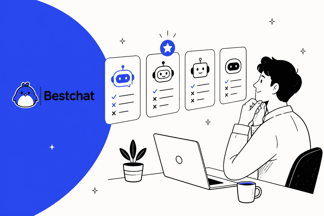 Hand-drawn store owner at a laptop weighing four chatbot cards with ticks and crosses, beside the Bestchat logo on a bright blue background