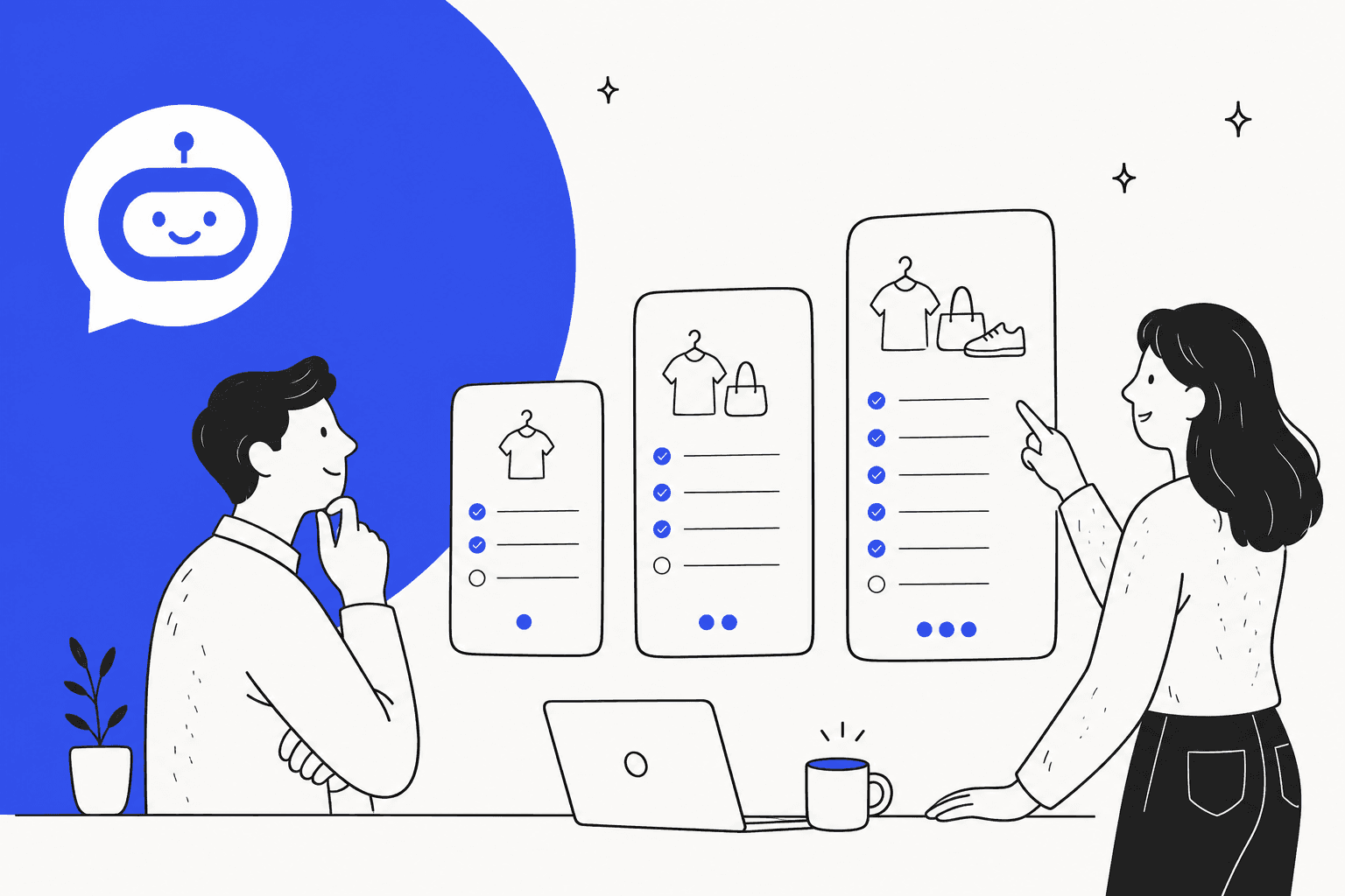SmartBot pricing hero banner, a hand-drawn store owner and colleague comparing three chatbot plan cards that grow with the number of products, beside a robot chat icon on a bright blue background