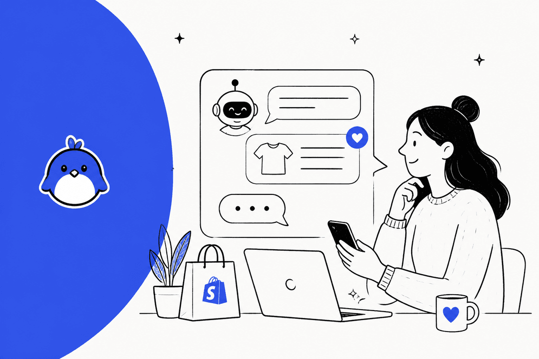 SmartBot review hero banner, a hand-drawn store owner at a laptop reading a robot chatbot's product suggestion beside a Shopify bag, with the BestChat logo on a bright blue background
