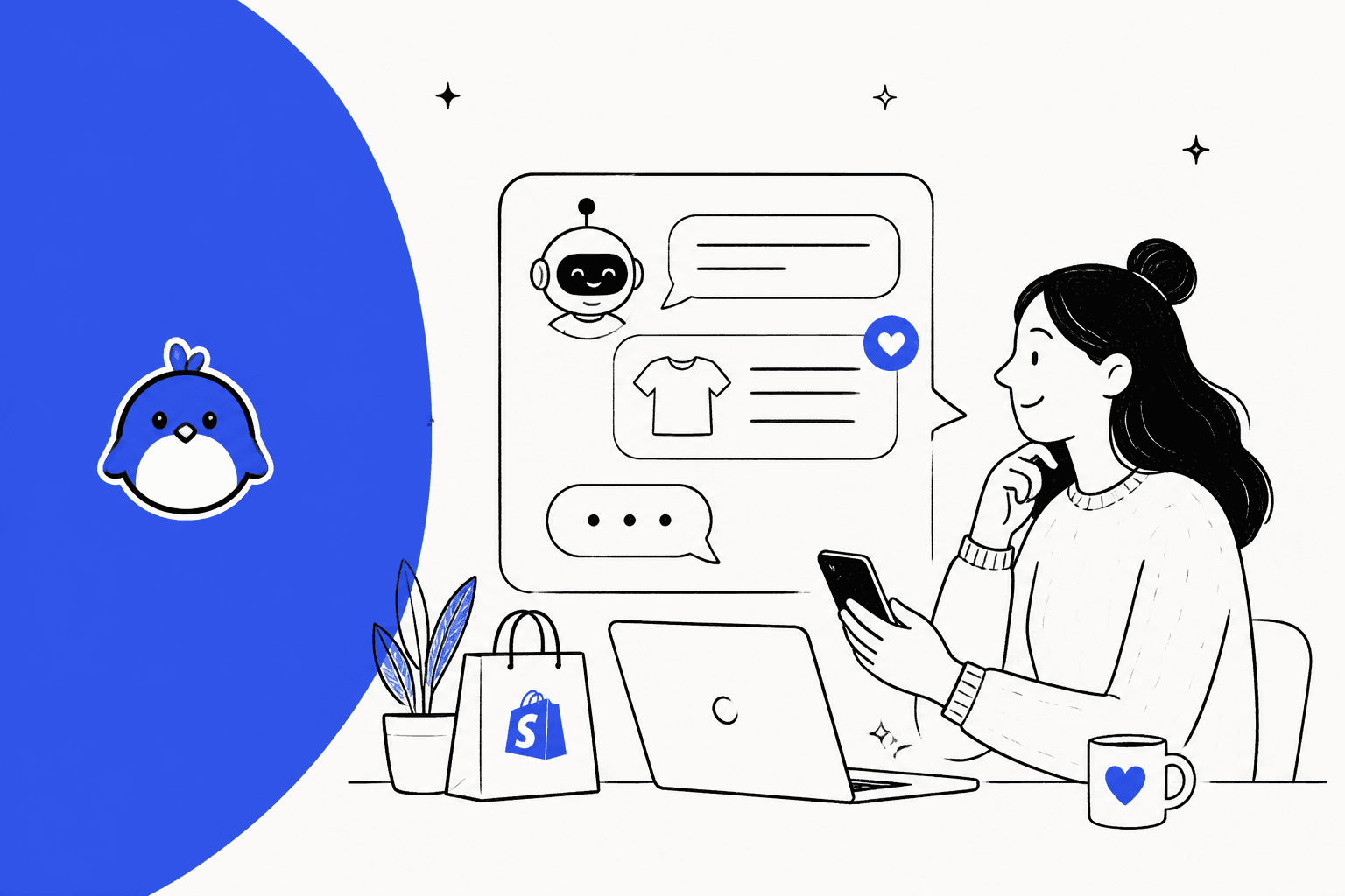 SmartBot review hero banner, a hand-drawn store owner at a laptop reading a robot chatbot's product suggestion beside a Shopify bag, with the BestChat logo on a bright blue background