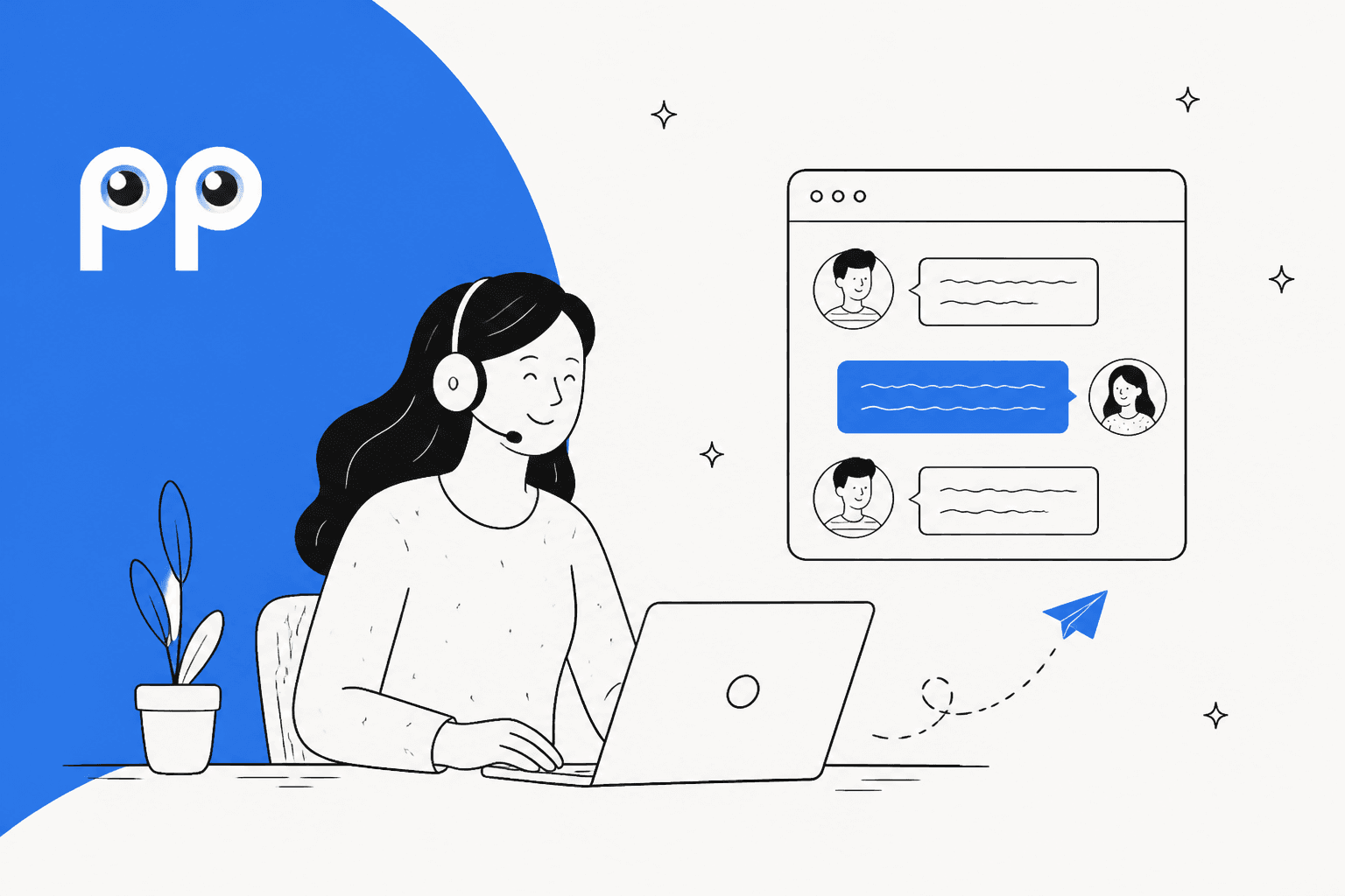 Hand-drawn support agent with a headset working on a laptop next to a chat window with message bubbles, beside a bold blue shape with the Smartsupp logo