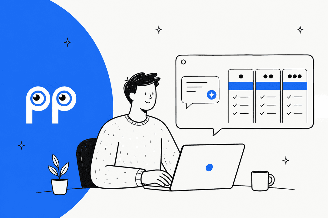 Titelbanner zu den Smartsupp-Preisen: eine handgezeichnete Person am Laptop vergleicht drei Tarifspalten in einem Chatfenster, mit dem Smartsupp-Logo auf blauem Hintergrund