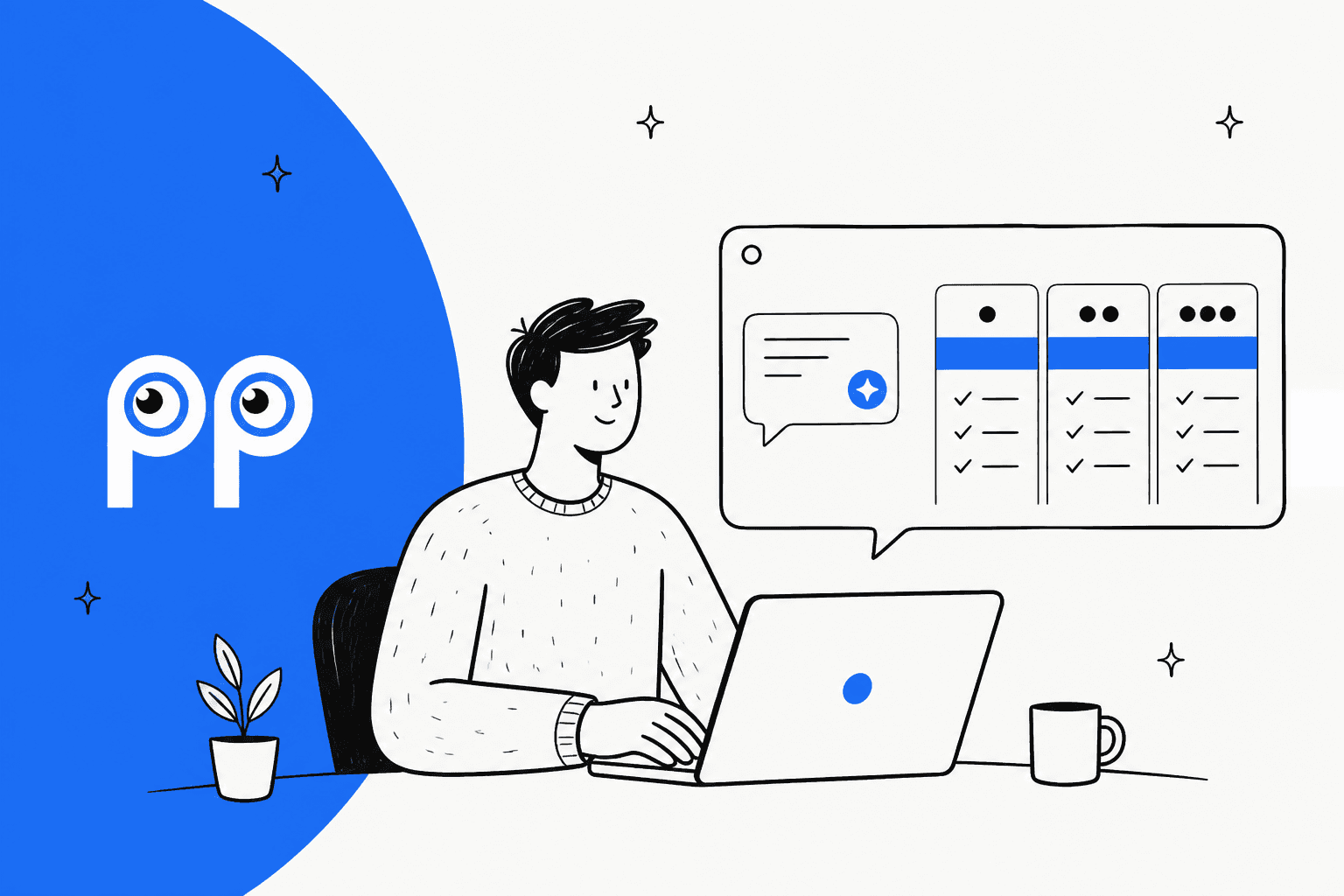 Smartsupp pricing hero banner, a hand-drawn person at a laptop comparing three plan columns in a chat window, with the Smartsupp logo on a blue background