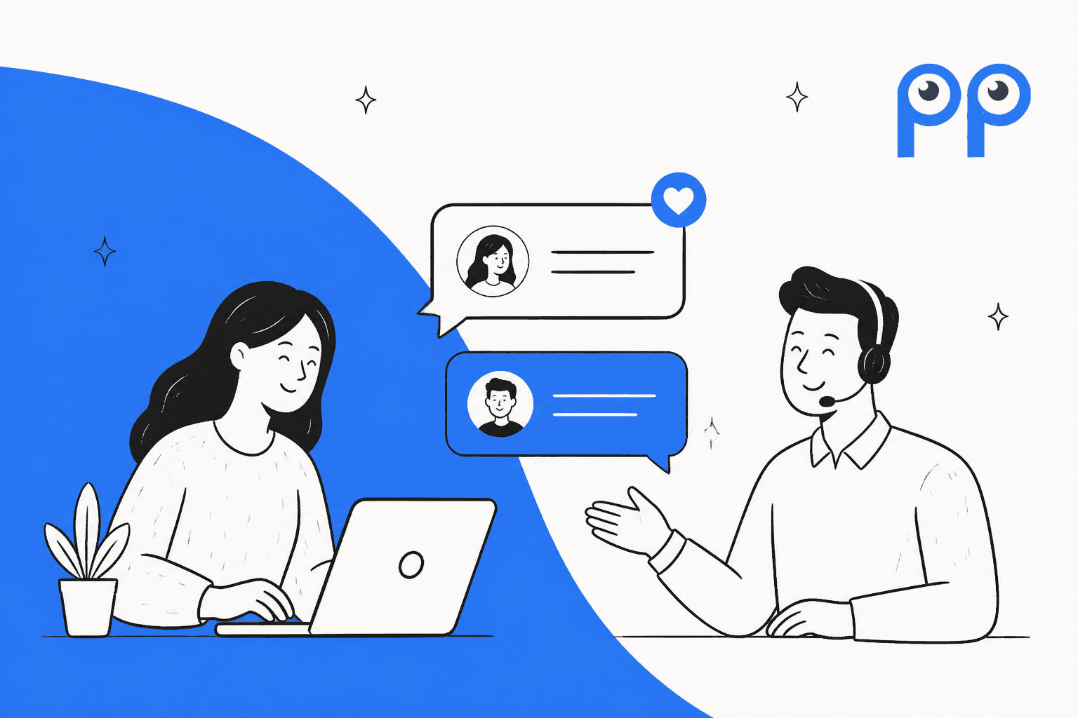 Smartsupp review hero banner, a hand-drawn shopper at a laptop chatting with a support agent wearing a headset, with chat bubbles between them and the Smartsupp logo on a blue background