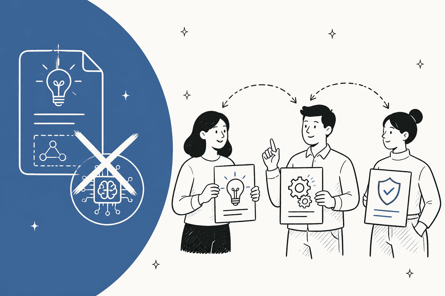 Hand-drawn illustration of three colleagues each holding a different document card