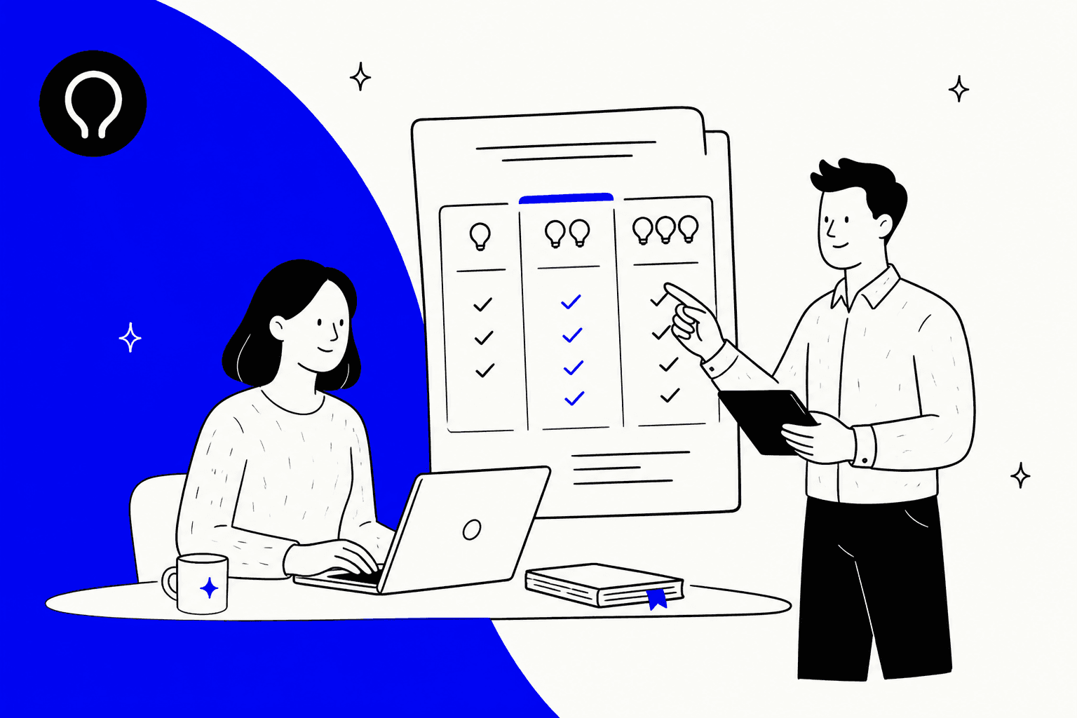 Hand-drawn illustration of two people comparing a three-column pricing sheet