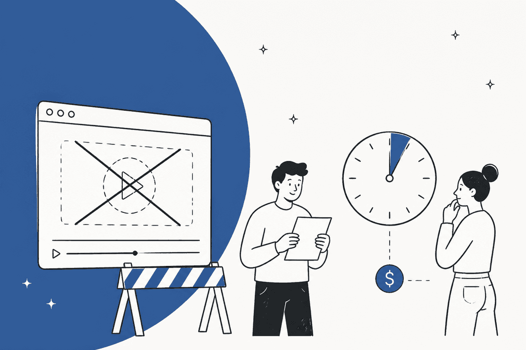 Hand-drawn illustration of a person at a laptop beside a video clip and a price tag, for the Sora 2 API pricing guide