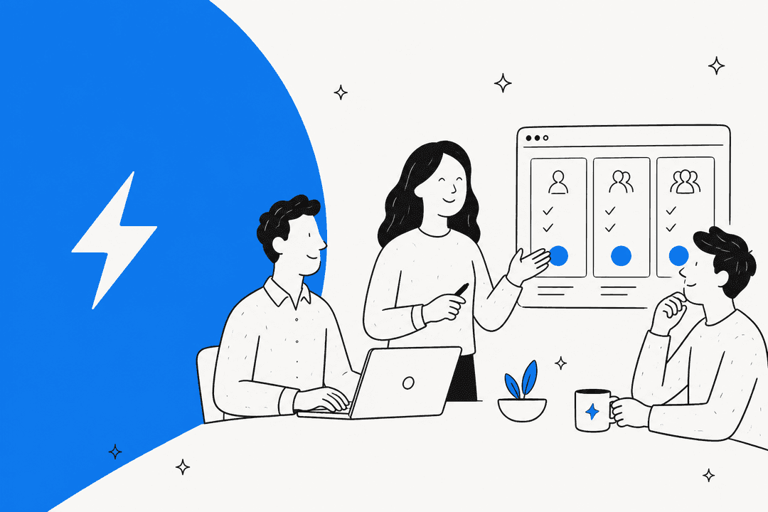 Hand-drawn team around a plan comparison board beside a blue half circle with the StackBlitz bolt logo