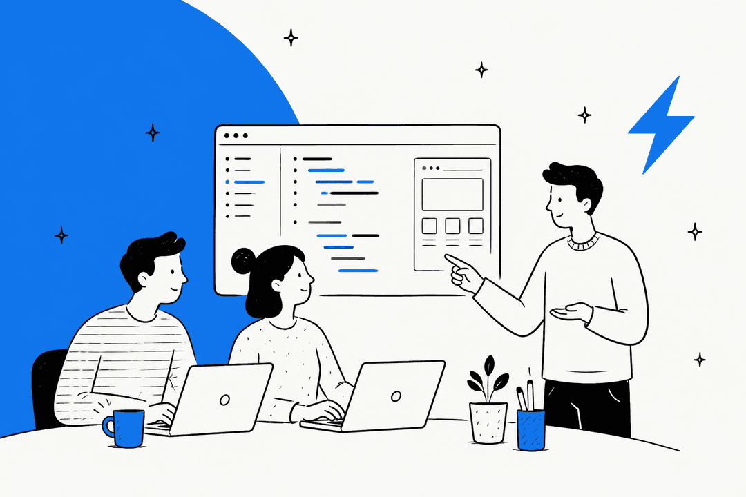 Hand-drawn developers reviewing code on a shared screen beside a blue half circle with the StackBlitz bolt logo