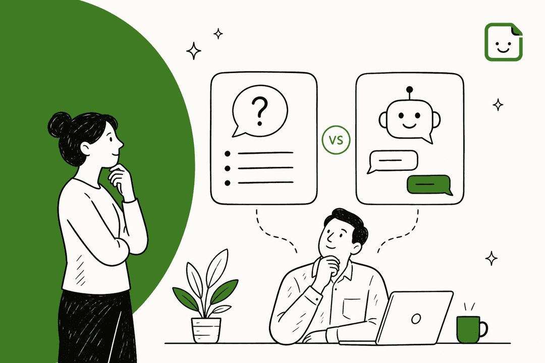 Hand-drawn hero banner in green showing two Shopify store owners weighing an FAQ page card against an AI chatbot card, with a vs badge between them